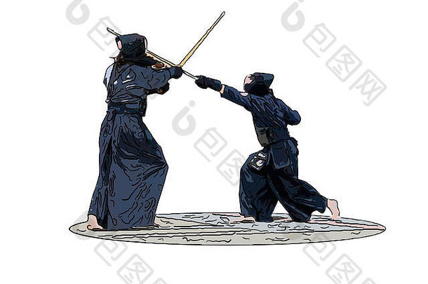 日本剑道战士，手持竹剑，白色背景