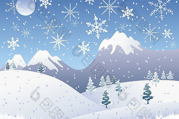插图雪圣诞节景观雪封顶山松树雪花冷蓝色的天空