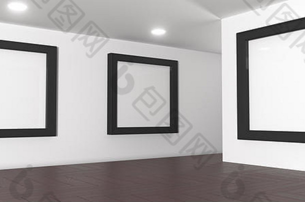 具有大空画框的真实画廊房间的三维渲染