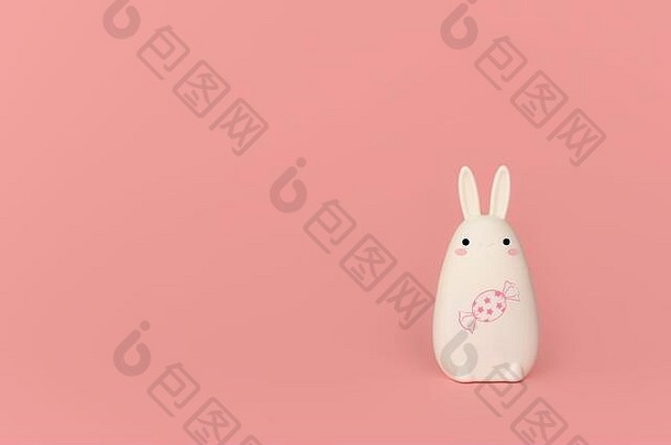有趣的白色兔子糖果粉红色的背景玩具兔子站粉红色的背景粉红色的糖果生日复活节幼稚的装饰