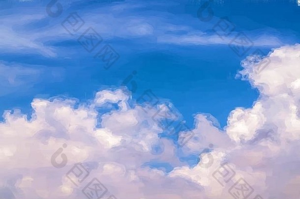 水绘画蓝色的天空毛茸茸的白色云背景数字艺术绘画