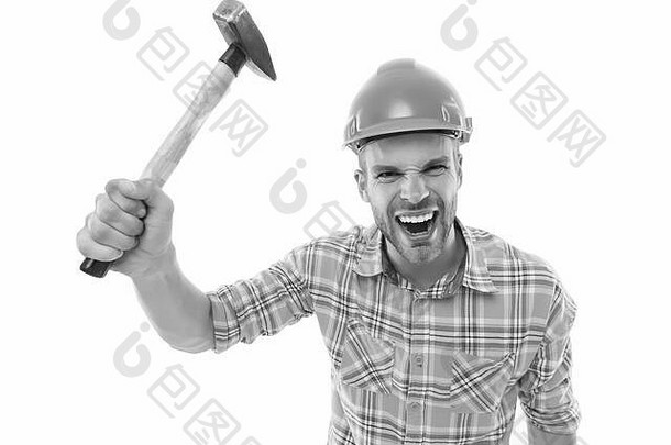 男人喊道。男式<strong>安全</strong>帽。用锤子威胁。愤怒好斗的家伙。和翻新。建筑工人或检查员。工程师、建筑师、建筑商。恃强凌弱的工头。控制和管理。