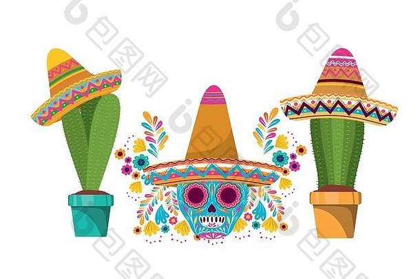 仙人掌和骷髅与墨西哥帽子图标