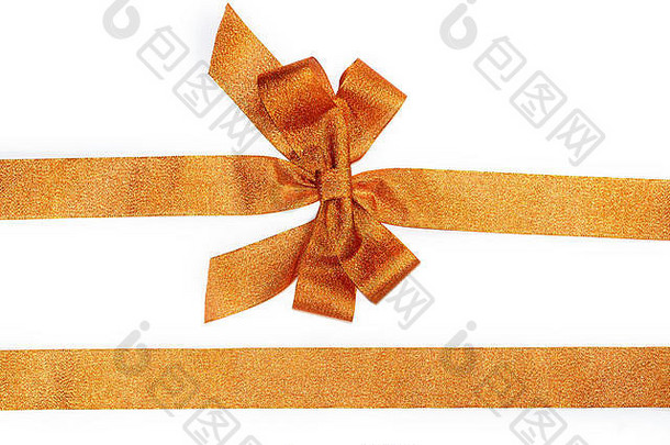 金色水平礼品丝带和白色背景上隔离的豪华蝴蝶结