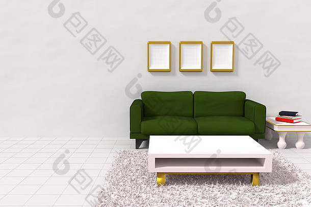 客厅的3D渲染，珠宝设计，绿色沙发，白色和金色的桌子和框架