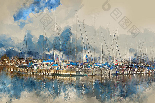 抽象水彩画风格的航海概念插图与旧船。