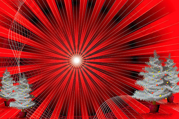 红色和黑色圣诞背景，圣诞树和波浪线