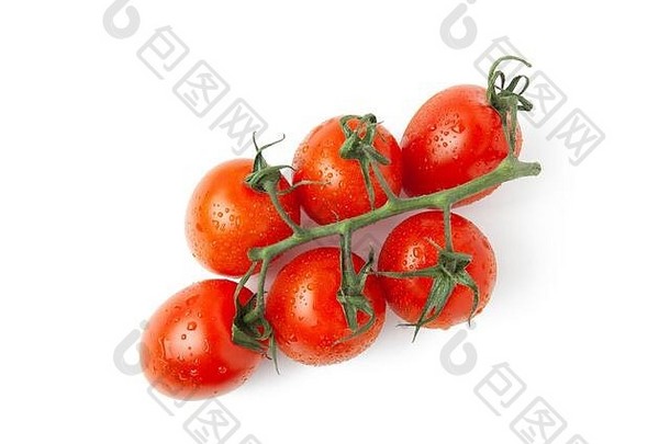 新鲜的樱桃红色的西红柿用钉子钉上小影子孤立的白色背景宏平躺水平特写镜头健康的吃产品