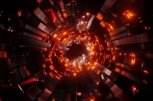 带有明亮红光3d渲染插图的抽象反射隧道