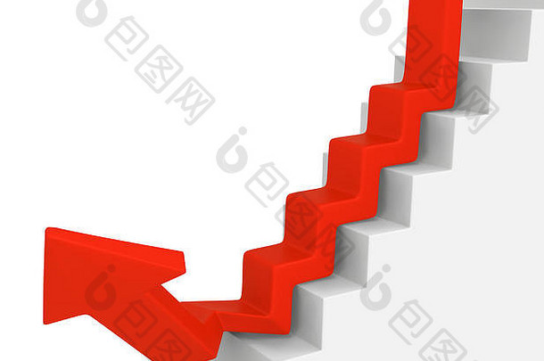 红色符号箭头楼梯向下分叉，3d插图，水平，白色上方，隔离