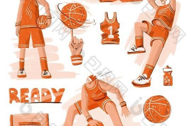 素描纹理篮球套装-篮球运动员、篮球篮、球、运动鞋。现代涂鸦、手绘和线条风格的运动系列