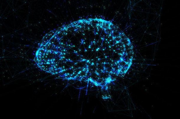 人工智能的多边形大脑形状，在深蓝色背景上有线条、发光点和阴影。三维渲染。