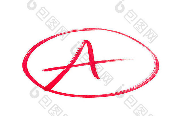 红墨水优异成绩的手写A级。白色的隔离带。
