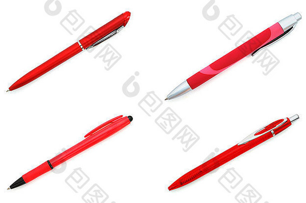 在白色背景上隔离的一套四支红色钢笔