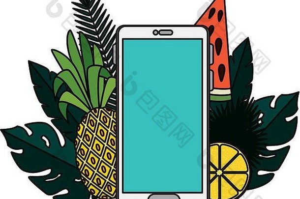 夏季框架搭配热带水果和智能手机