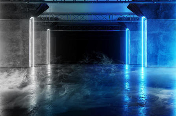 烟雾霓虹灯发光白蓝色复古科幻未来派现代空垃圾混凝土反光舞台施工隧道走廊暗室大厅