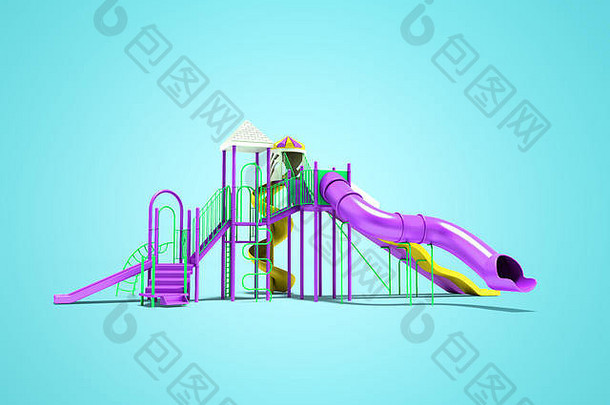 紫罗兰色儿童游乐场，楼梯为黄色螺旋滑梯直滑梯3d渲染，蓝色背景带阴影