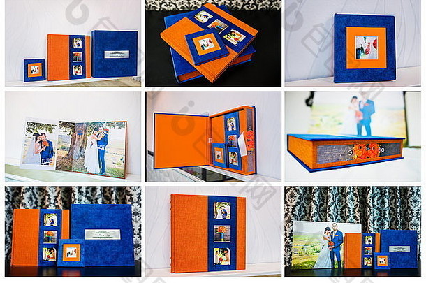 蓝色和橙色织物婚礼相册和相册