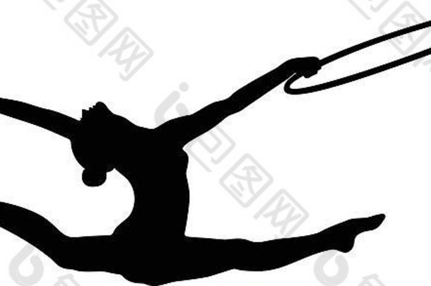 女孩体操运动员分裂跳希望有节奏的体操黑色的轮廓