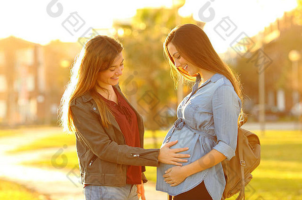 快乐怀孕了女人显示肚子朋友公园日落