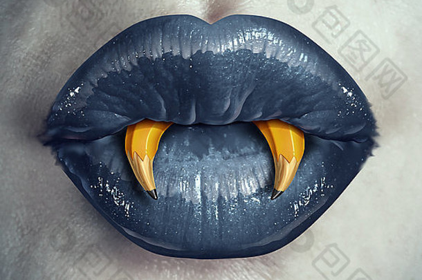 吸血鬼创造力概念嘴唇僵尸字符铅笔形状的尖尖的尖牙represeting战略有创意的