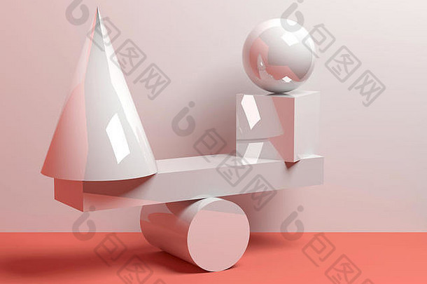 平衡光泽白色基本几何形状的抽象平衡装置。三维渲染插图