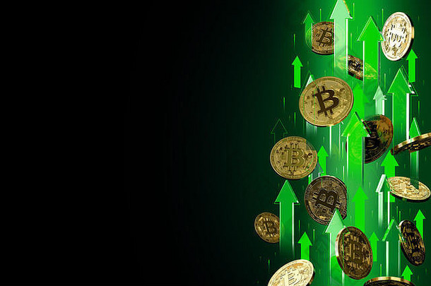绿色箭头指出比特币比特币价格上升孤立的黑色的背景复制空间cryptocurrency价格成长概念呈现
