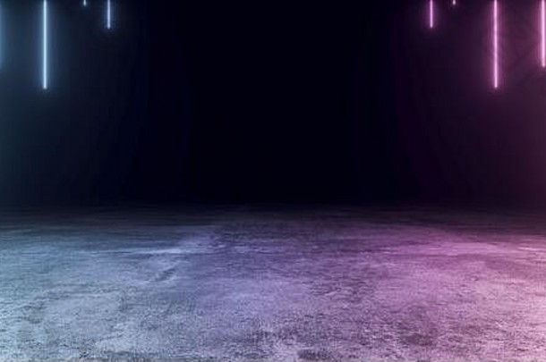 抽象形状科幻未来派现代动感发光霓虹紫蓝色激光管灯在长而暗的空垃圾纹理混凝土隧道背景中