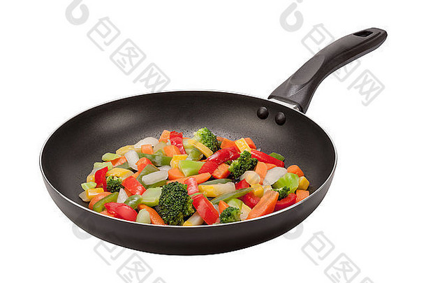 用平底<strong>锅</strong>将蔬菜炒至白色。图像前后对焦。