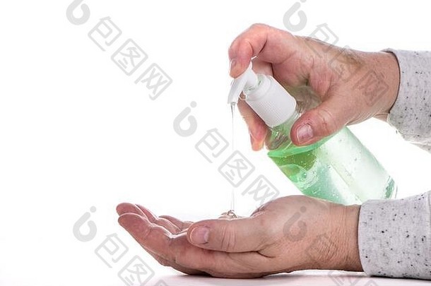 <strong>冠状病毒防护</strong>。双手使用洗手液凝胶泵分配器。杀灭细菌、细菌和<strong>病毒</strong>的健康理念。白色背景与co