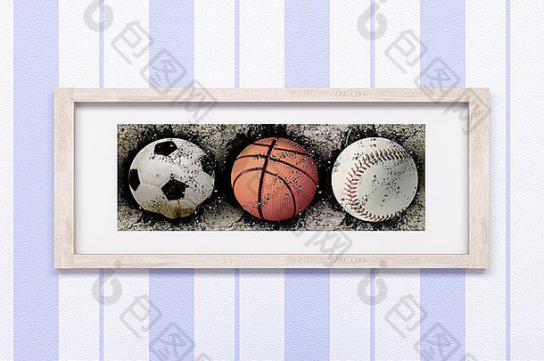 篮球、棒球和足球镶嵌在墙纸上的砖墙中