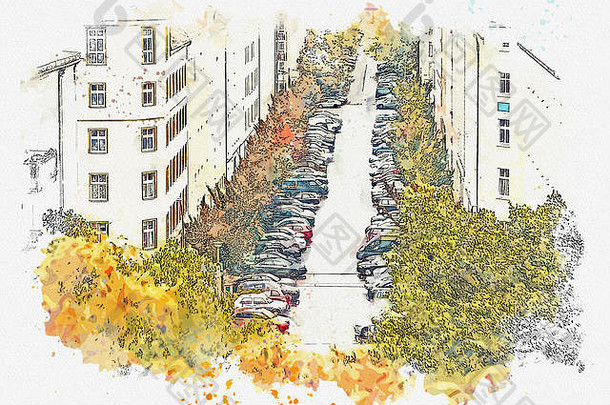 水彩草图插图视图高点街建筑路停汽车柏林德国体系结构大城市