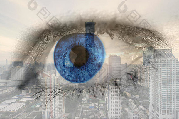双曝光图像人类眼睛业务中心区曼谷城市业务未来概念