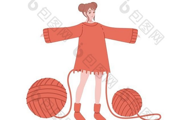 橙色毛衣织女孩橙色球羊毛平摘要插图孤立的白色背景