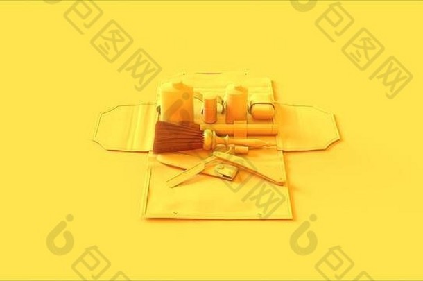 黄色平面布局男士美容套件3d插图3d渲染