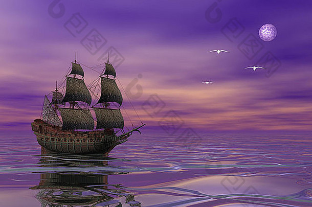 飞翔的荷兰人，在月光下航行的海盗船，旁边是紫罗兰边上的小鸟