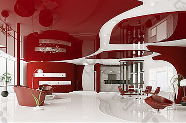 现代室内白红色公寓全景3d渲染