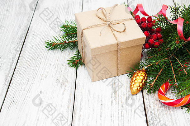 圣诞节礼物盒子装饰木背景