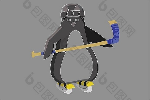 冰球企鹅运动服插图。带曲棍球棒和<strong>竞速</strong>溜冰鞋的头盔。体育符号或标志设计。曲棍球比赛