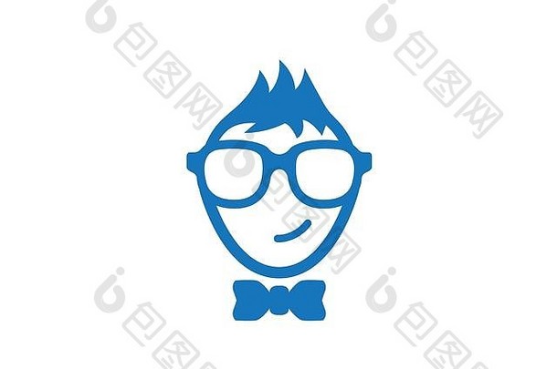微笑极客脸穿眼镜领带标志设计插图白色背景