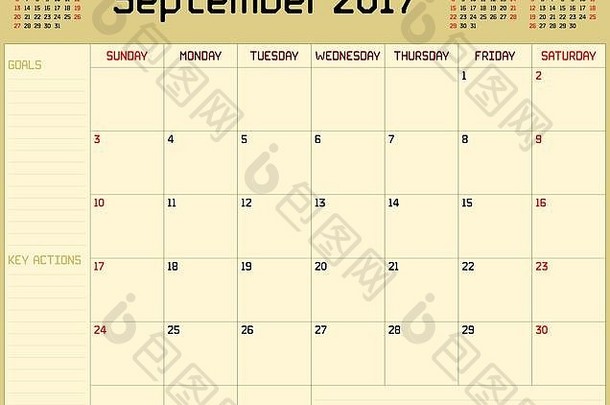 黄色背景的2017年9月月度计划日历。使用自定义的直线粗字体。