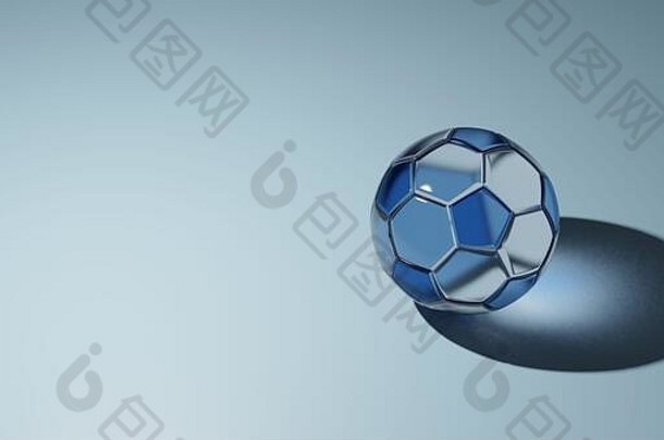 在淡蓝色背景上隔离的玻璃足球，左侧为空白文本空间，一个3D插图