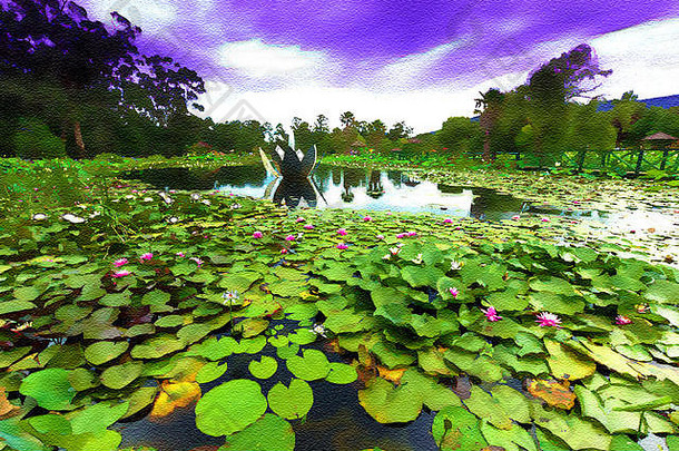 澳大利亚维多利亚蓝莲花水上花园的水彩效果