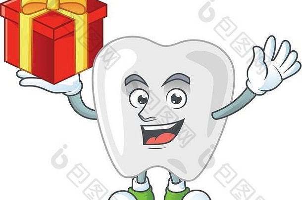 迷人的牙齿吉祥物设计有一个红色的礼物盒