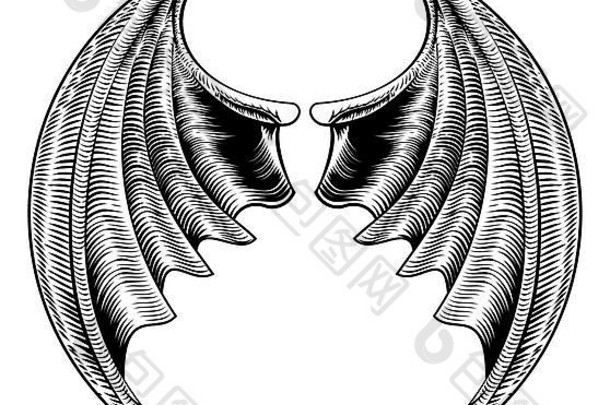 圆形蝙蝠恶魔龙翅膀恐怖万圣节设计古董木刻风格