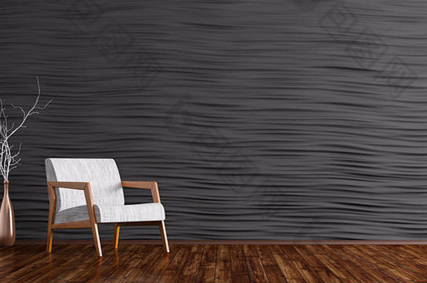 室内生活房间白色扶手椅木地板上黑色的墙镶板呈现
