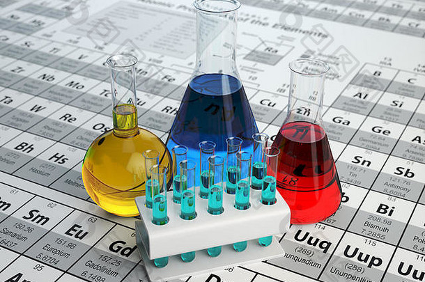 科学化学概念实验室测试管烧瓶彩色的液体周期表格元素幻影