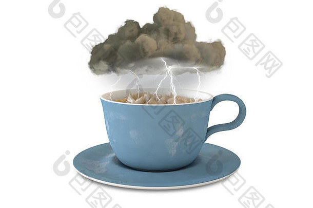 一个黑色风暴云盘旋在一杯湍急的茶上，闪电击中一个孤立的背景的字面概念-3D渲染