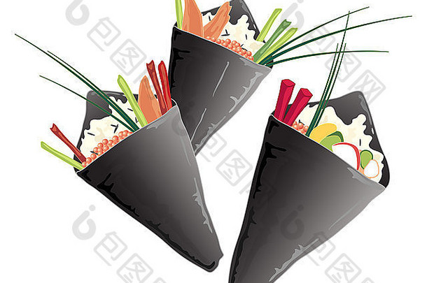 插图各种寿司视锥细胞野生大米大马哈鱼蔬菜细香葱白色背景
