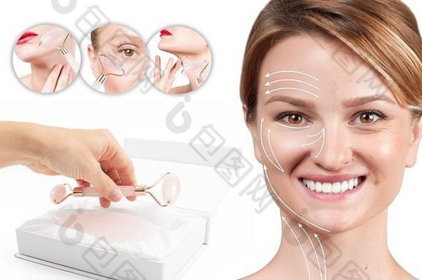 概念皮肤复兴脸电梯抗衰老治疗玉辊女人按摩行显示脸玉辊按摩